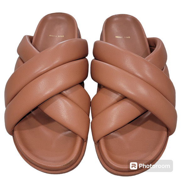 Anine Bing Shoes - Anine Bing Leather Lizzie Slides Cognac size 40/10 Slip On Cross Over Puffy